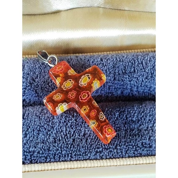 Millefiori Burnt Orange Cross Pendant - Picture 2 of 10